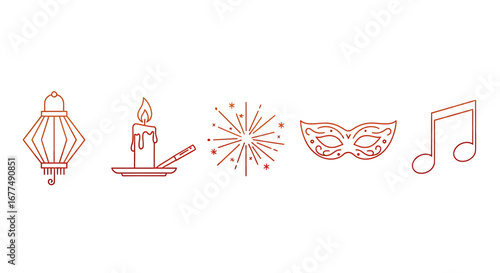 A collection of five simple line art icons representing celebration and festivity, including a lantern, a lit candle with a quill, fireworks, a masquerade mask, and a musical note, all isolated on a