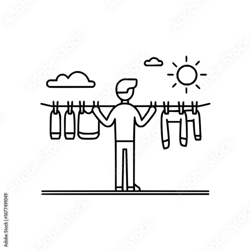 Laundry day clothesline drying clothes man hanging laundry outdoor sunshine and clouds vector illustration