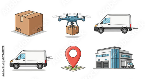 Delivery and logistics icons including a cardboard box, a drone carrying a package, vans, a location pin on a map, and a warehouse, representing modern shipping and transportation services