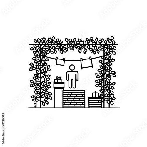 Illustration of outdoor scene with person clothesline and foliage vector graphic design template 100