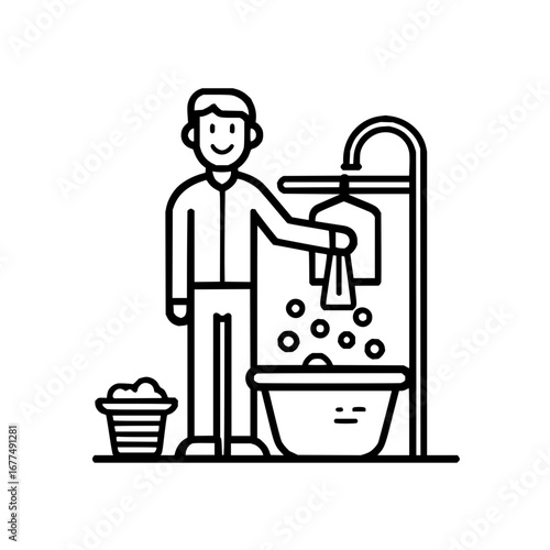 Laundry service outline icon vector illustration of man washing clothes in basin with bubbles and hanger rack