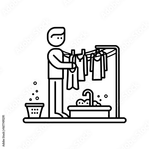 Laundry day chores illustration showing man hanging clothes after washing and cleaning routine at home work