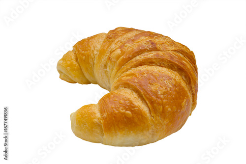 A fresh, golden, flaky croissant placed on a clean white background. Perfect for showcasing its delicious layers and buttery texture