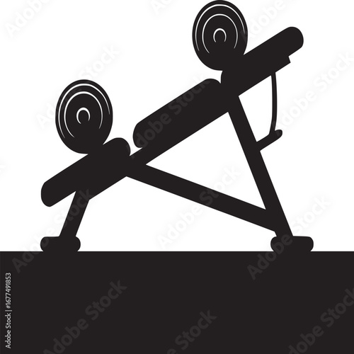Silhouette of weight bench with barbell weights on a white background in a vector illustration