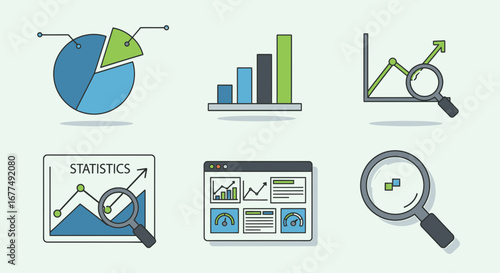 Collection of flat design icons representing data analysis, statistics, and financial growth, including charts, graphs, and magnifying glasses, isolated on a light background