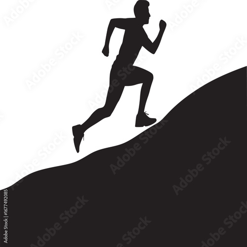 Silhouette of a man running uphill against a white background in a dynamic and energetic pose
