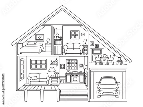 Cozy home design illustration with multiple rooms and furniture.