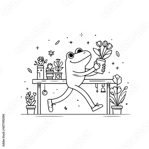 Frog gardener carrying tulips black and white line art illustration for garden and nature lovers design vector