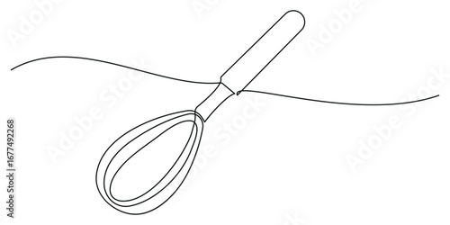 Balloon Whisk continuous one line drawing illustration. Whisk Continuous Line Art, Cooking whisk one line continuous drawing. One line ff kitchen tool balloon whisk. Editable Stroke