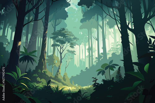 An artful painting of a dark, tropical jungle with a clear, blue lake reflecting the moonlit sky and lush green foliage