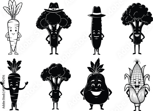 Cartoon vegetables characters, cute broccoli, carrot, cucumber, eggplant, corn, anthropomorphic food, smiling faces, vector illustration, healthy eating, kids design