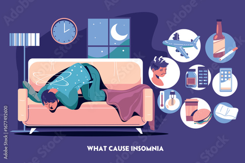 An illustration showing the causes of insomnia, featuring a tired person struggling to sleep on a couch at night