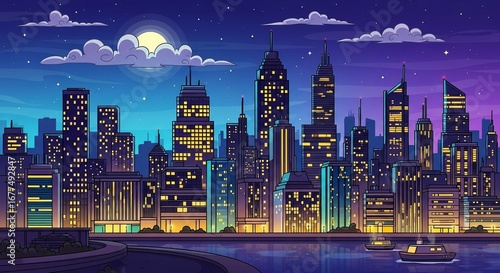 Colorful cartoon illustration of a vibrant city skyline at night with illuminated skyscrapers and a moonlit sky.