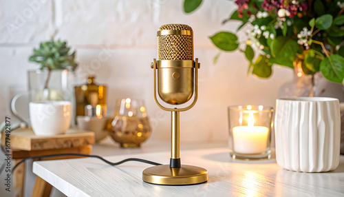 Elegant gold microphone on a white table with candles and decorative floral arrangements