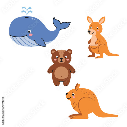Flat 2D vector illustration features a charming and playful childish cartoon fauna set, including a friendly whale, a cute bear, and an adorable kangaroo, all isolated on a clean white background.