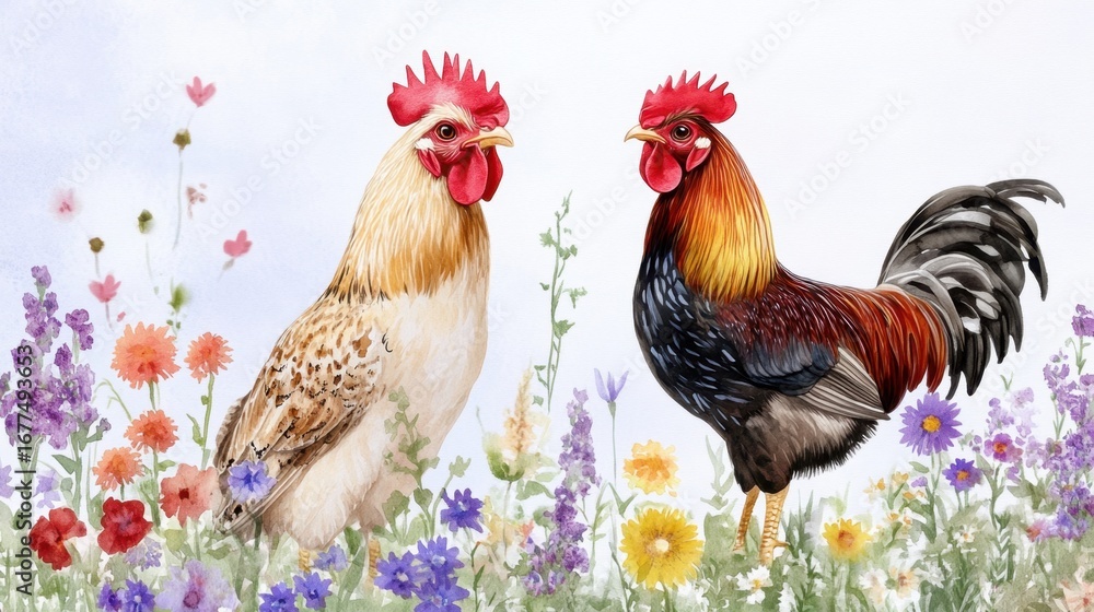 Fototapeta premium Rustic watercolor artwork of rooster and owl in a wildflower field under soft morning light