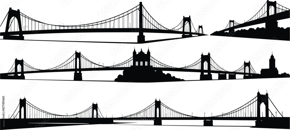 Obraz premium Silhouette collection of suspension bridges, black vector illustrations, architectural engineering structures, river crossings, urban landmarks, transportation icons, cityscape elements