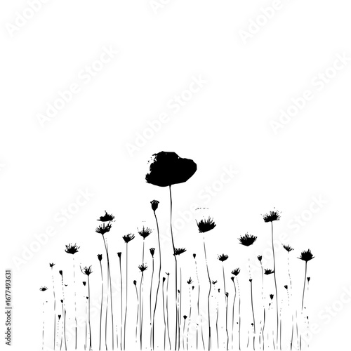 Black and white poppy flower field silhouette vector art print minimalist botanical illustration nature design
