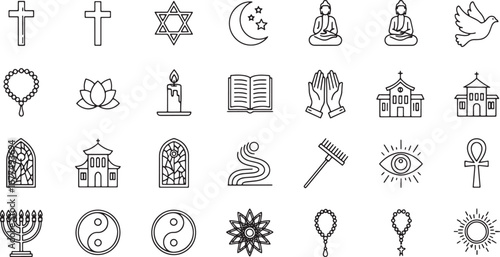 Diverse Religious Symbols and Icons in Black and White A Vector Collection