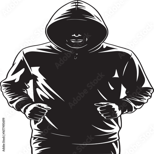 A monochrome illustration of a person wearing a hoodie with the hood up and hands clenched tight