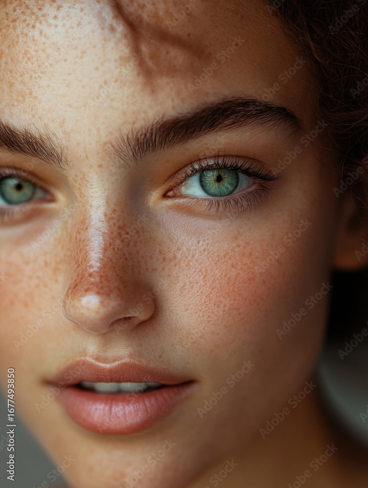 Fototapeta premium A striking portrait of a young model emphasizing her freckles and vibrant green eyes. Perfect for beauty, fashion, and skincare concepts in photography.