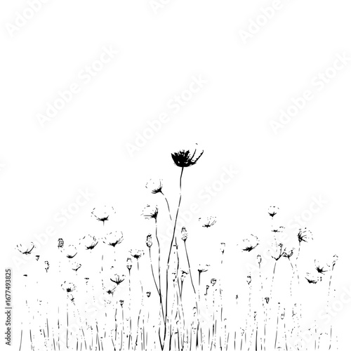 Black and white flower field illustration vector art design nature botanical floral meadow garden drawing 100