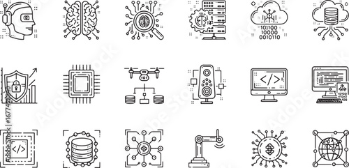 Set of icons related to technology, artificial intelligence, cybersecurity, and data management