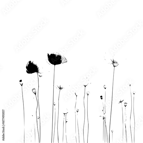 Black and white poppy field illustration vector art design for botanical prints and minimalist wall decor ideas