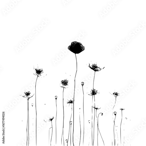 Black and white poppy flower field drawing illustration for botanical art and floral design projects use case
