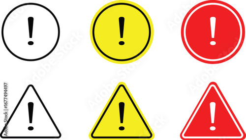 Set of yellow road warning signs with traffic symbols for caution and safety