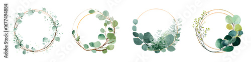 Round eucalyptus wreath frames border with gold accent floral flowers wedding invitation watercolor set isolated on transparent background