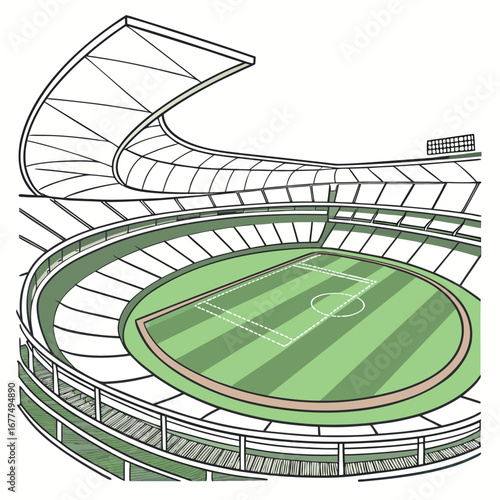 A large outlined stadium displays green grass and upper levels under a curved awning
