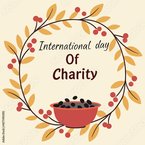 Charity day banner with vibrant autumn foliage wreath and filled bowl vector