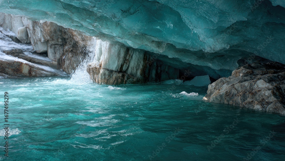 Naklejka premium Glacial meltwater rushes beneath a luminous, turquoise ice cave, cascading over rocks into a churning pool