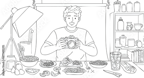Young male food blogger holding a camera while preparing to photograph a table full of delicious prepared meals in a home studio