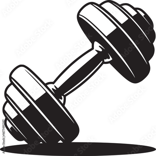 A black and white illustration of a dumbbell with a shadow on a white isolated background art