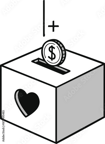 Donation box with heart symbol and coin concept of charity, fundraising, and community support for social welfare, humanity, and kindness to create a better future