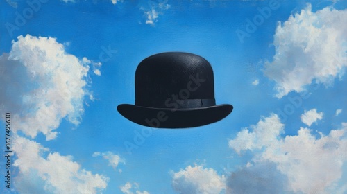 An abstract interpretation features a black bowler hat suspended against a striking blue sky filled with soft, fluffy clouds, inviting reflection on art and perception.