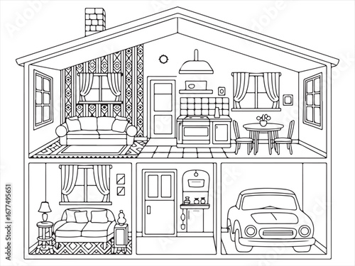 Illustration of a cozy and detailed house interior, featuring multiple rooms including a living room, kitchen, bedroom, and garage. A whimsical and creative view of a house layout with furniture, plan