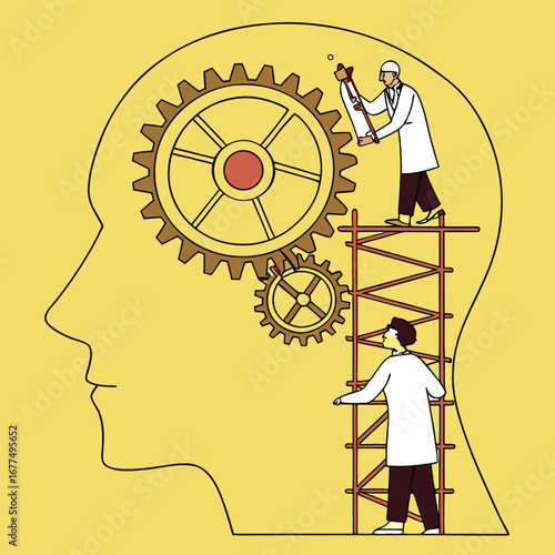Two scientists repair mechanical gears inside a human head using a scaffolding structure