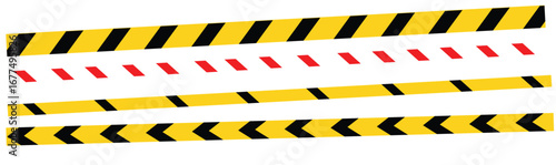 Warning yellow black red diagonal stripes line. Safety stripe warning caution hazard danger road vector sign symbol. Long danger ribbon. Vector illustration on white background. EPS file 112.