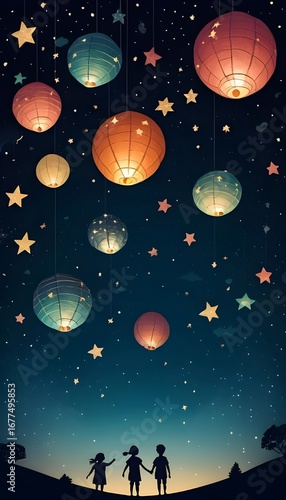 Children flying paper lanterns