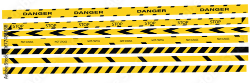 Warning yellow black red diagonal stripes line. Safety stripe warning caution hazard danger road vector sign symbol. Long danger ribbon. Vector illustration on white background. EPS file 112.