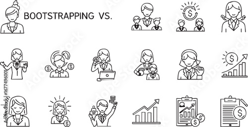 Collection of outline icons about bootstrapping vs venture capital, including business woman, meeting, money, presentation, idea, growth, planning, agreement