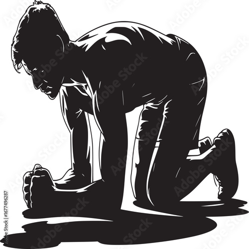 Silhouette of a muscular man in a plank position against a white background with a dark shadow
