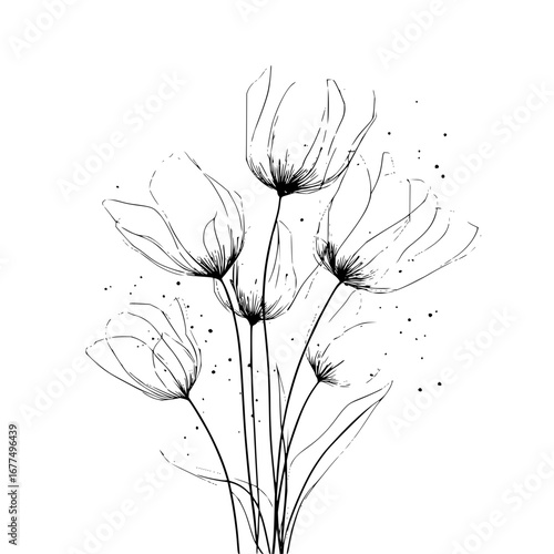Elegant black and white floral line art drawing of tulip flowers for wall art and minimalist design projects