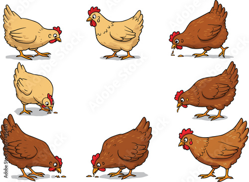 Cartoon chickens pecking, farm animals in circle, playful poses, brown and tan hens, animated poultry, nature behavior illustration