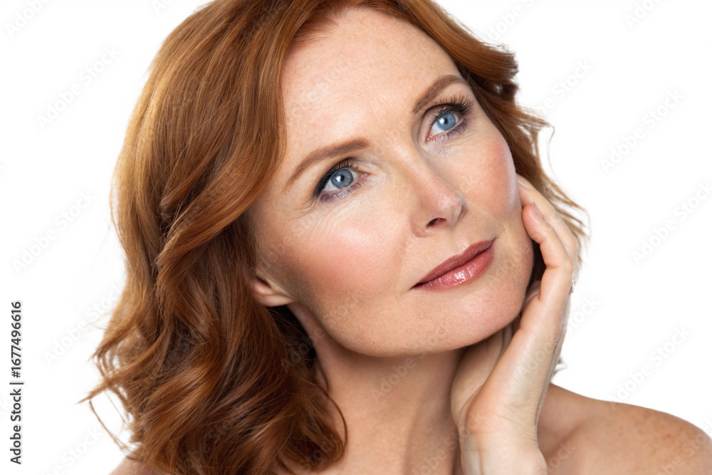 Portrait of a beautiful mature woman with red hair isolated on transparent background, showcasing her natural beauty and healthy skin with a touch of elegance and grace Portrait of a beautiful mature woman with red hair isolated on transparent background, showcasing her natural beauty and healthy skin with a touch of elegance and grace