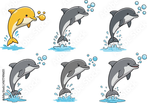 Cartoon dolphins jumping from water, playful marine animal illustration with bubbles and splashes, fun ocean-themed stock design for kids
