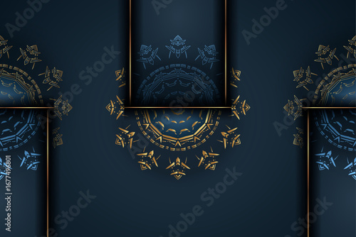 Mystical kaleidoscopic mandala artwork featuring golden crown structure with intricate star extensions surrounded by symmetrical blue fractal snowflakes on dark blue background